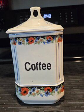 Ceramic Porcelain Made in Czech Coffee Canister Vintage Red Poppies White Daisy